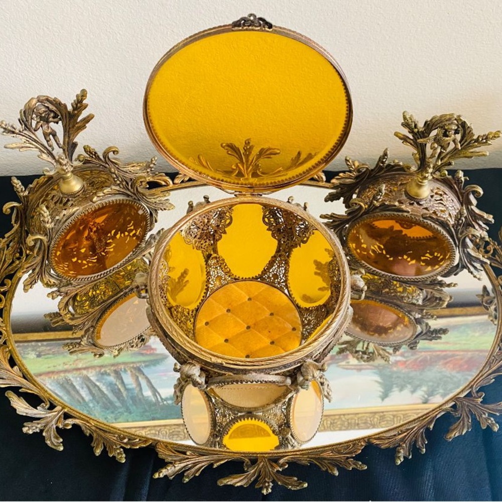 Antique Vanity French Ormolu Hollywood Regency Gold Filigree Beveled Amber Glass - Picture 1 of 7